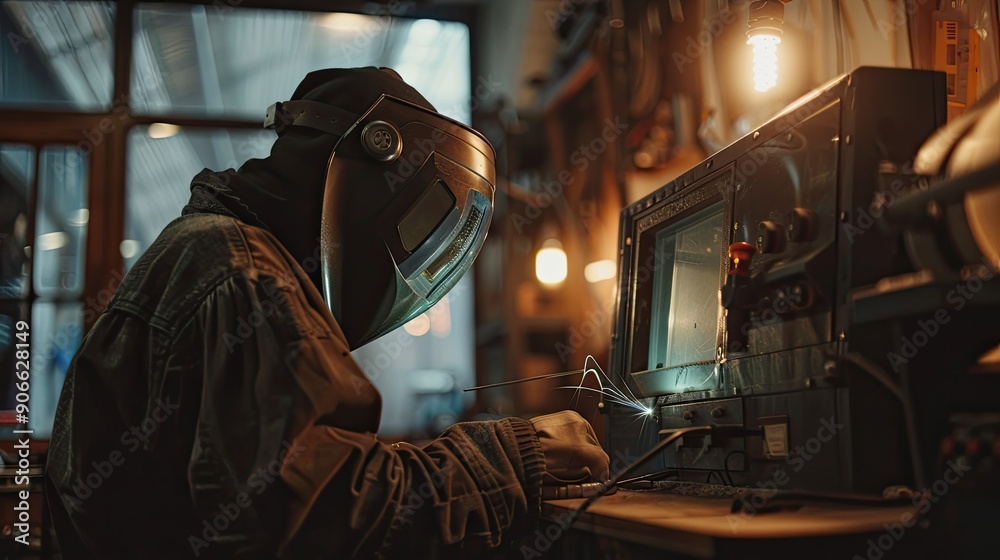 A man in a black jacket is working on a machine with a screen. The image has a mood of focus and concentration A man in a black jacket is working on a machine with a screen. The image has a mood of focus and concentration
