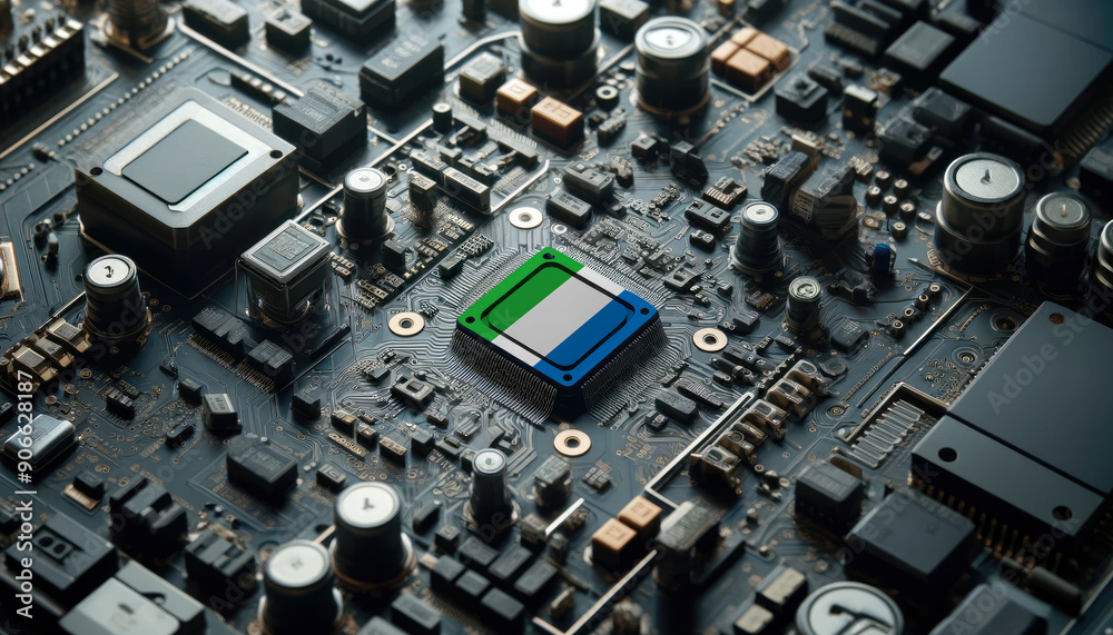 A high-tech circuit board showcasing a microchip with the Sierra Leone flag, emphasizing Sierra Leone role in pioneering advanced electronics and microtechnology innovations A high-tech circuit board showcasing a microchip with the Sierra Leone flag, emphasizing Sierra Leone role in pioneering advanced electronics and microtechnology innovations