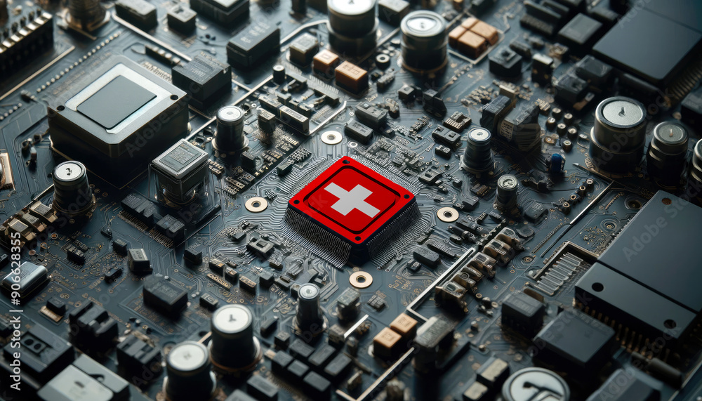 A high-tech circuit board showcasing a microchip with the Switzerland flag, emphasizing Switzerland role in pioneering advanced electronics and microtechnology innovations A high-tech circuit board showcasing a microchip with the Switzerland flag, emphasizing Switzerland role in pioneering advanced electronics and microtechnology innovations