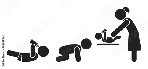 Bundle icon baby laying and drink mik with mother changing pampers icon for changing diapers pictogram sign