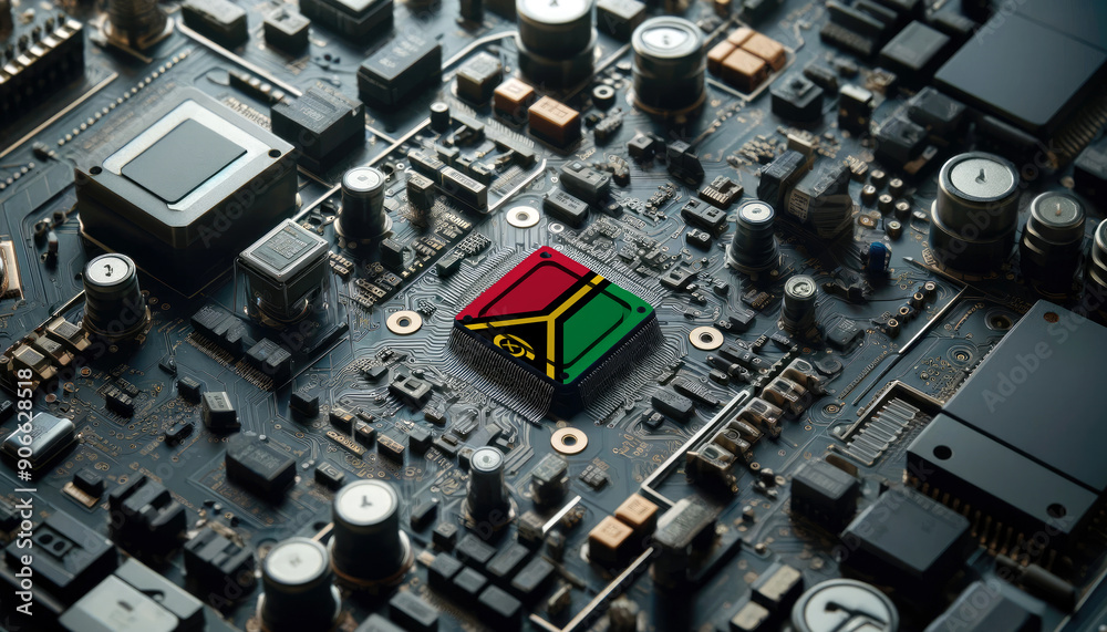 A high-tech circuit board showcasing a microchip with the Vanuatu flag, emphasizing Vanuatu role in pioneering advanced electronics and microtechnology innovations A high-tech circuit board showcasing a microchip with the Vanuatu flag, emphasizing Vanuatu role in pioneering advanced electronics and microtechnology innovations