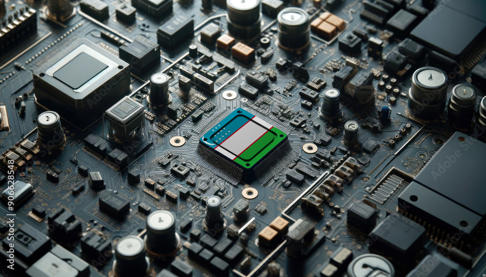A high-tech circuit board showcasing a microchip with the Uzbekistan flag, emphasizing Uzbekistan role in pioneering advanced electronics and microtechnology innovations A high-tech circuit board showcasing a microchip with the Uzbekistan flag, emphasizing Uzbekistan role in pioneering advanced electronics and microtechnology innovations