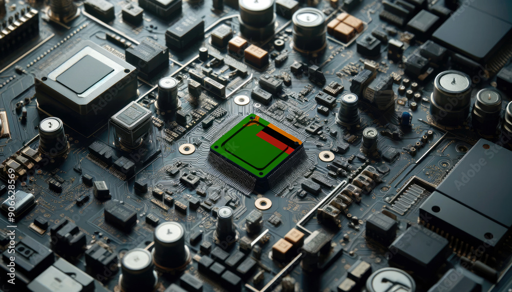 A high-tech circuit board showcasing a microchip with the Zambia flag, emphasizing Zambia role in pioneering advanced electronics and microtechnology innovations A high-tech circuit board showcasing a microchip with the Zambia flag, emphasizing Zambia role in pioneering advanced electronics and microtechnology innovations