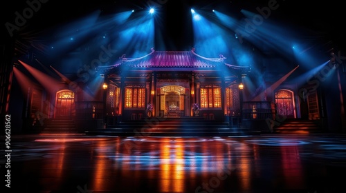 Theater production with elaborate sets and lighting, capturing the drama, Realism, Bright colors, Photography