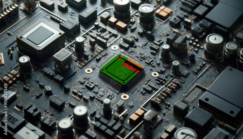 A high-tech circuit board showcasing a microchip with the Zambia flag, emphasizing Zambia role in pioneering advanced electronics and microtechnology innovations