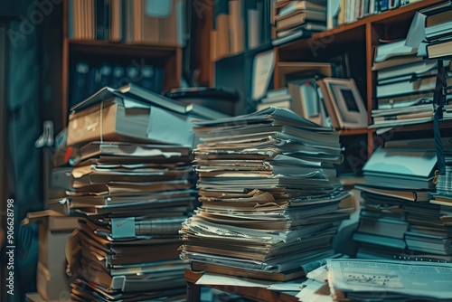 A pile of books and papers on a desk. The books are stacked on top of each other and the papers are scattered around. The scene gives off a feeling of disorganization and chaos