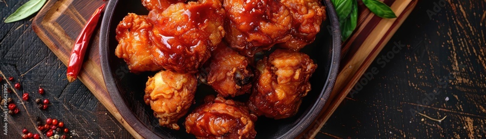 Delicious fried chicken pieces coated in a spicy sweet sauce, served in a rustic bowl, garnished with herbs and chili. Delicious fried chicken pieces coated in a spicy sweet sauce, served in a rustic bowl, garnished with herbs and chili.