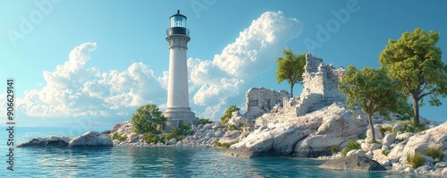 Lighthouse with ancient architecture, ruins and modern alert technology combined, a symbol of enduring vigilance photo