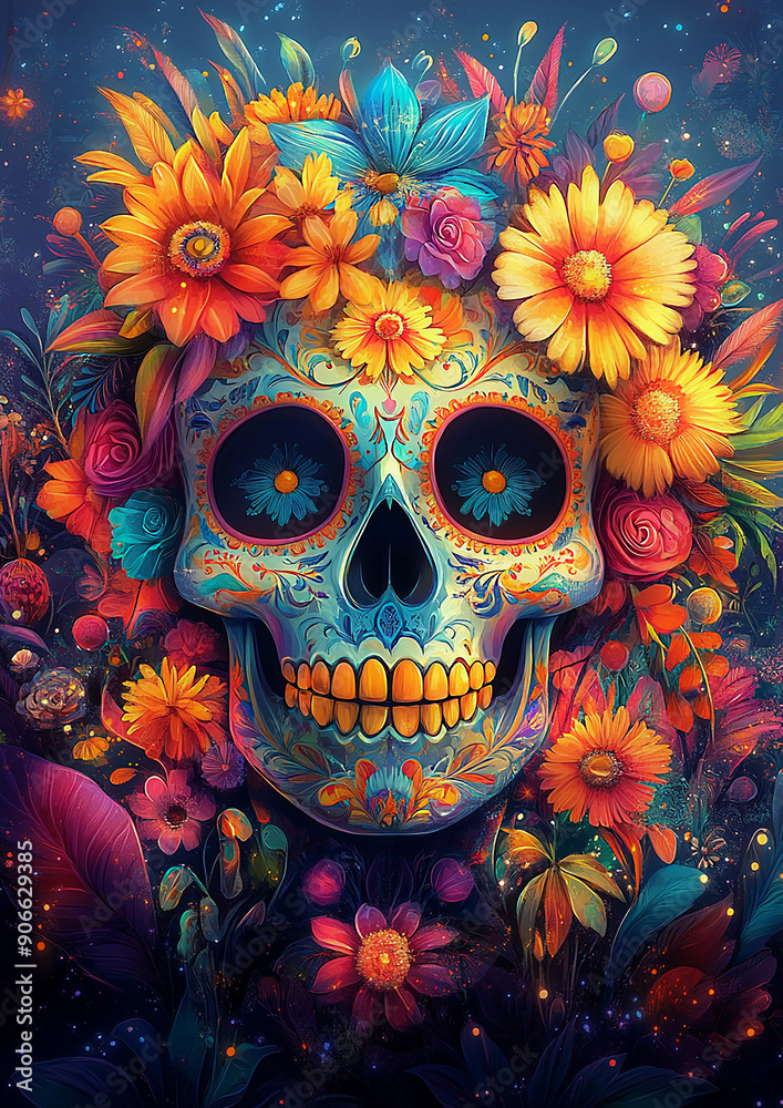 Day of the Dead skull illustration with colorful decorations, white background, high resolution Day of the Dead skull illustration with colorful decorations, white background, high resolution