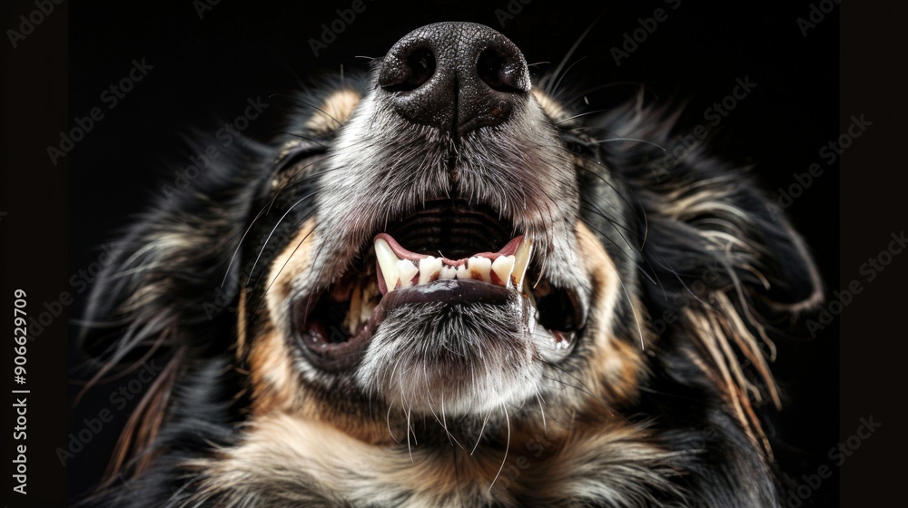 Close-up of a Playful Laughing Dog with its Teeth Visible on a Black Background. Concept of Pet Joy, Furry Friend Amusement, Canine Happiness, Funny Puppy