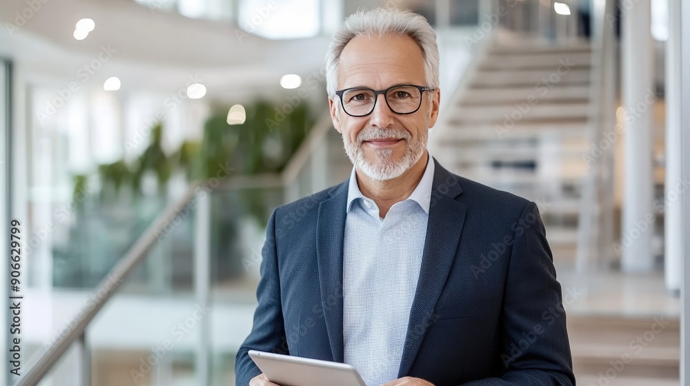 Fototapeta premium A confident businessman stands in a bright, contemporary office lobby, happily holding a tablet and smiling, showcasing a professional demeanor
