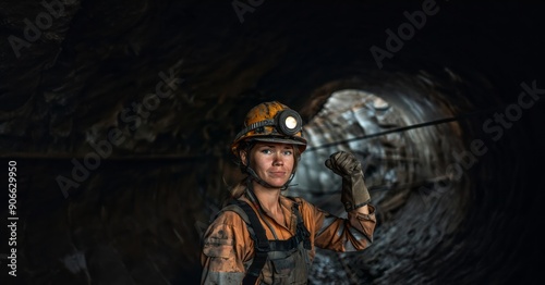 Portrait of a Female Miner in Protective Gear and Helmet Underground.Generated image photo