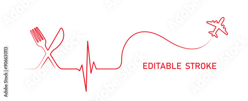 Editable lines heart rhythm illustration with fork, knife, airplane. Heartbeat line art vector design to use for healthcare, weight loss, healthy lifestyle, healthy food, dieting projects. 