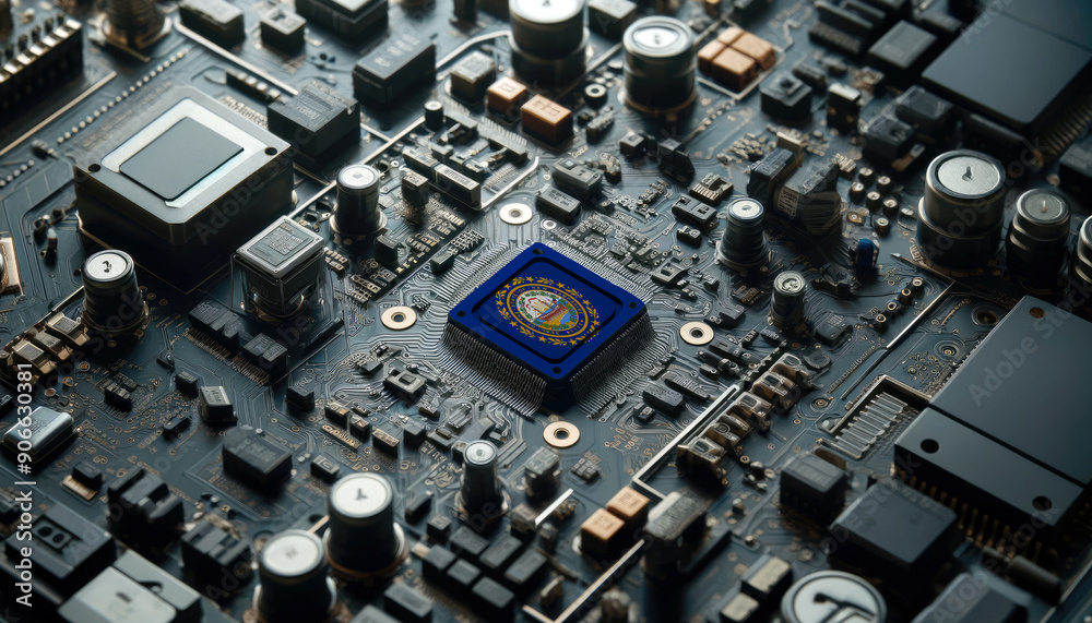 A high-tech circuit board showcasing a microchip with the New Hampshire flag, emphasizing New Hampshire role in pioneering advanced electronics and microtechnology innovations A high-tech circuit board showcasing a microchip with the New Hampshire flag, emphasizing New Hampshire role in pioneering advanced electronics and microtechnology innovations