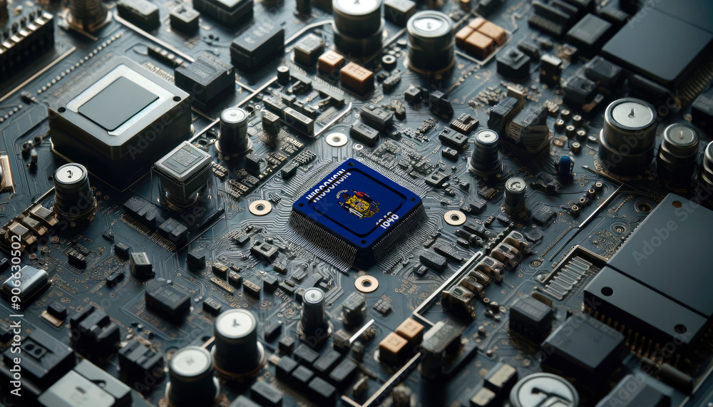 A high-tech circuit board showcasing a microchip with the Wisconsin flag, emphasizing Wisconsin role in pioneering advanced electronics and microtechnology innovations A high-tech circuit board showcasing a microchip with the Wisconsin flag, emphasizing Wisconsin role in pioneering advanced electronics and microtechnology innovations