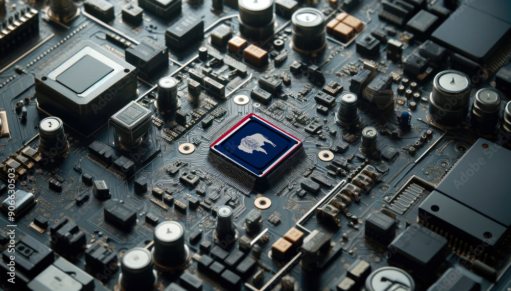 A high-tech circuit board showcasing a microchip with the Wyoming flag, emphasizing Wyoming role in pioneering advanced electronics and microtechnology innovations A high-tech circuit board showcasing a microchip with the Wyoming flag, emphasizing Wyoming role in pioneering advanced electronics and microtechnology innovations
