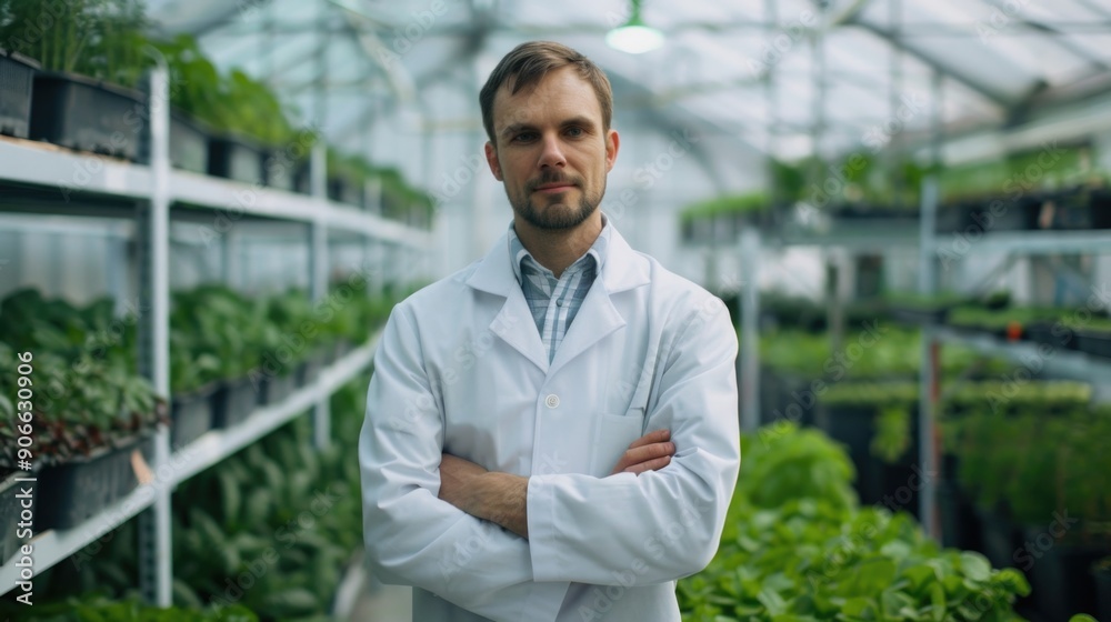 Scientist in a green house with plants and equipment Scientist in a green house with plants and equipment