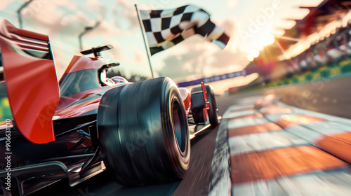 F1 racing car crossing the finish line under checkered flag at sunny day. Racing car on track crossing the finish during F1 gran prix. Formula 1 winner in red car celebrating victory.