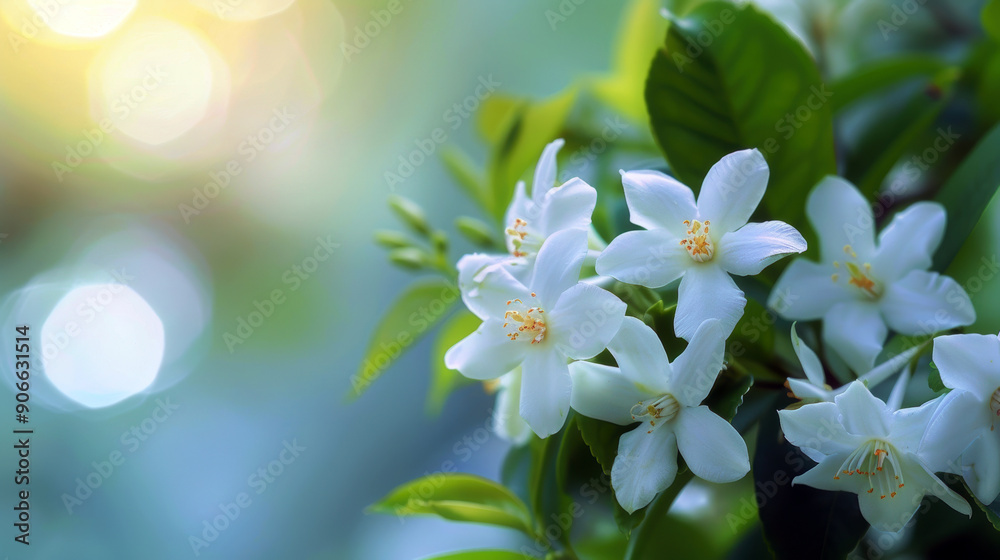 A bunch of white flowers with green leaves. The image has a serene and peaceful mood, as the flowers are in a natural setting and the colors are bright and vibrant