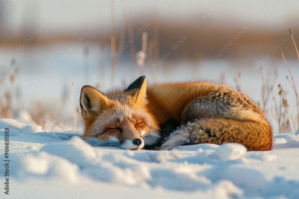Obraz premium A fox is sleeping in the snow. The fox is brown and white