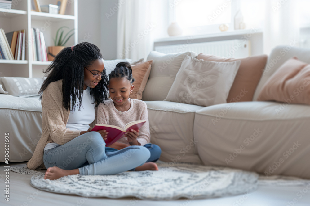 an African American mother and daughter sitting on a rug in a cozy living room, reading a book together. warmth, bonding, and the joy of shared moments in a comfortable home environment. an African American mother and daughter sitting on a rug in a cozy living room, reading a book together. warmth, bonding, and the joy of shared moments in a comfortable home environment.