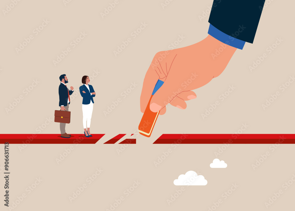 Gap in business. Businessman removed bridge with eraser. Flat vector illustration Gap in business. Businessman removed bridge with eraser. Flat vector illustration