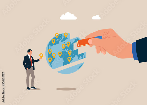 Businessman removed world map with eraser. Business failure. Global business expansion, open company branches, franchise in new location to cover all continent. Flat vector illustration