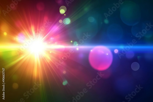 A glowing sun burst with rounded hexagonal shapes, and a rainbow halo over black background. A lovely overlay or screen filter for photos. Abstract sun burst with a digital lens flare background.