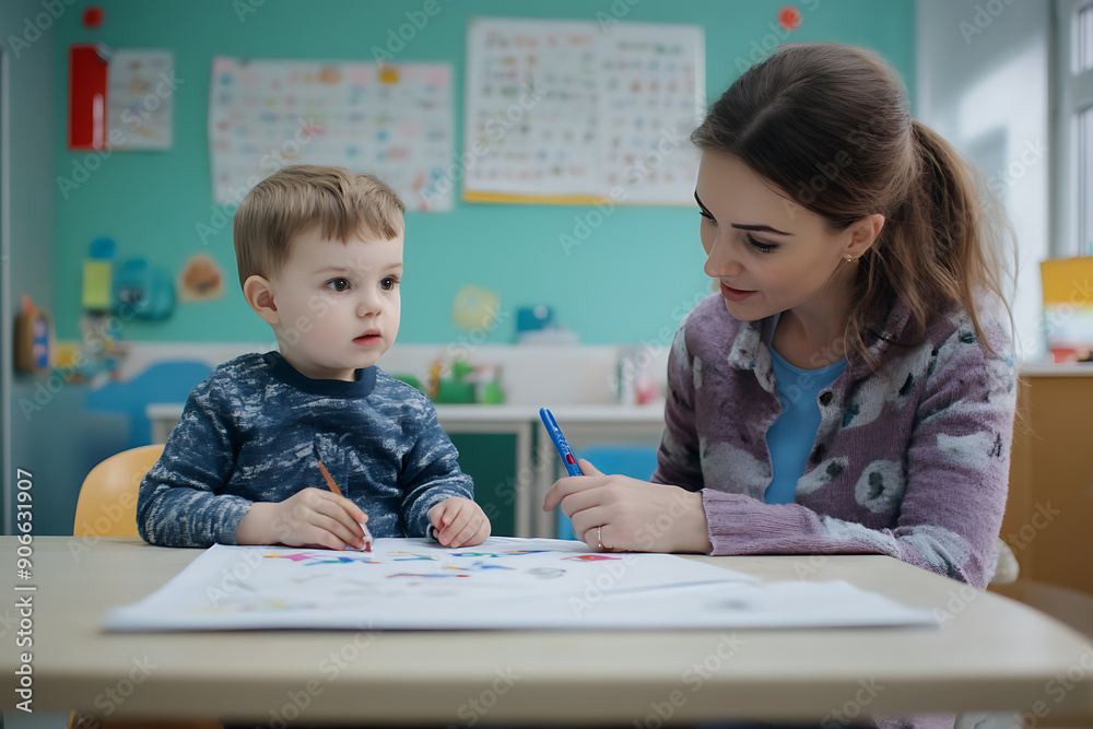 An illustration depicting a child at an appointment with a speech therapist, focusing on learning to pronounce letters correctly. 
