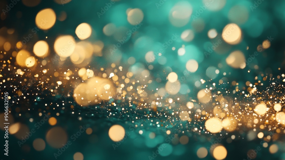 A glimmering golden bokeh effect is presented on a dark green backdrop during St. Patrick's Day A glimmering golden bokeh effect is presented on a dark green backdrop during St. Patrick's Day