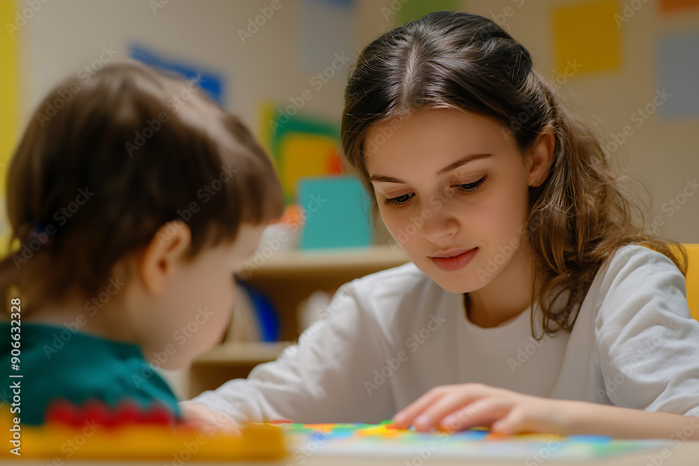 An illustration depicting a child at an appointment with a speech therapist, focusing on learning to pronounce letters correctly. 