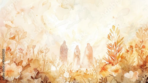 Jesus next to the congregation. worship of God. Digital watercolour painting. Easter