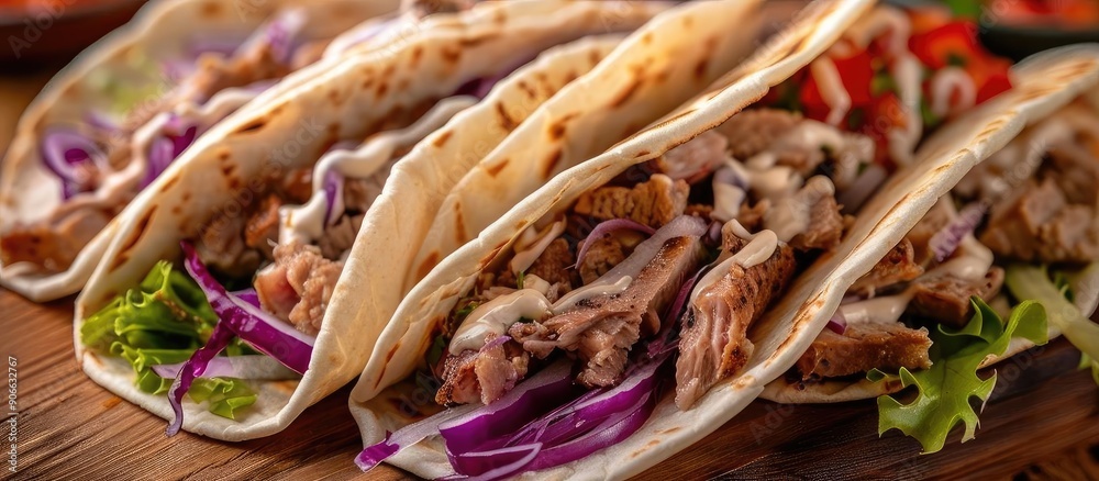 Fototapeta premium Delicious tacos filled with tender meat, fresh vegetables, and vibrant colors. Perfect for food lovers and culinary enthusiasts.