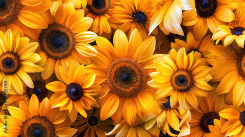 A bunch of yellow sunflowers with a bright and cheerful mood. The flowers are arranged in a way that they look like they are in a field, with some of them overlapping each other
