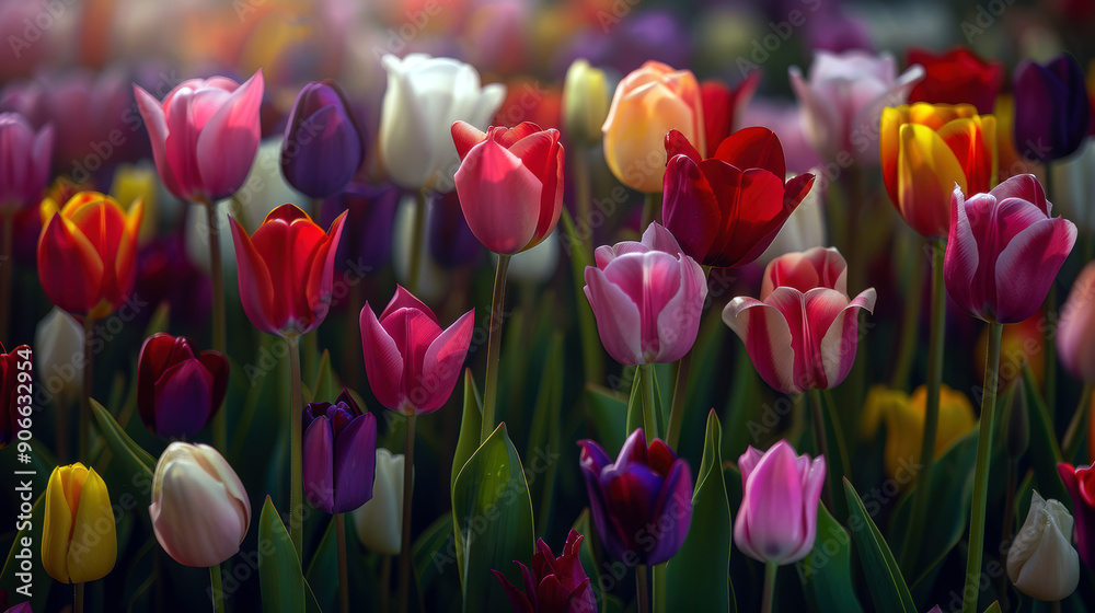 A field of colorful tulips with a bright, sunny sky in the background. The flowers are arranged in a way that creates a sense of harmony and balance