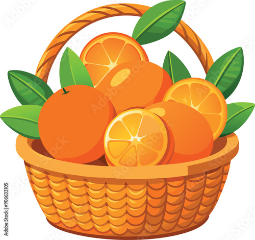 Wicker basket overflowing with juicy ripe oranges and green leaves