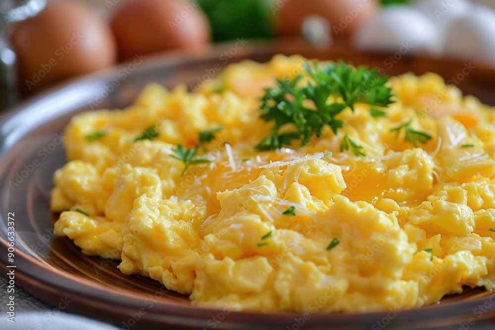 A delicious serving of fluffy scrambled eggs, artfully topped with fresh herbs, showcases a warm breakfast setting. A delicious serving of fluffy scrambled eggs, artfully topped with fresh herbs, showcases a warm breakfast setting.