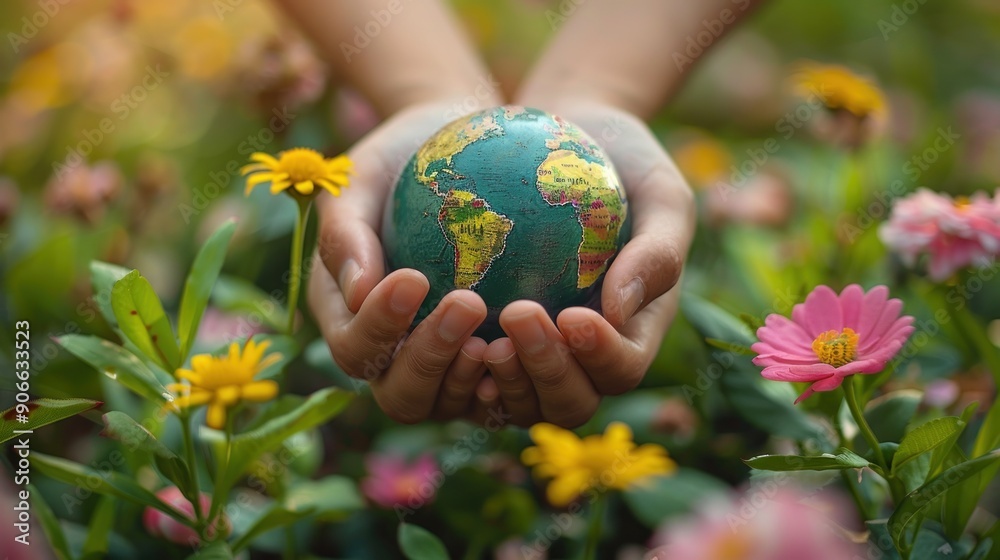 Hands Holding Globe in a Garden Hands Holding Globe in a Garden