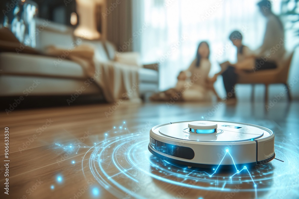 Futuristic vacuum hoover cleaning machine robot on schedule in a living room with HUD data and control with wireless.
Futuristic vacuum hoover cleaning machine robot on schedule in a living room with HUD data and control with wireless.