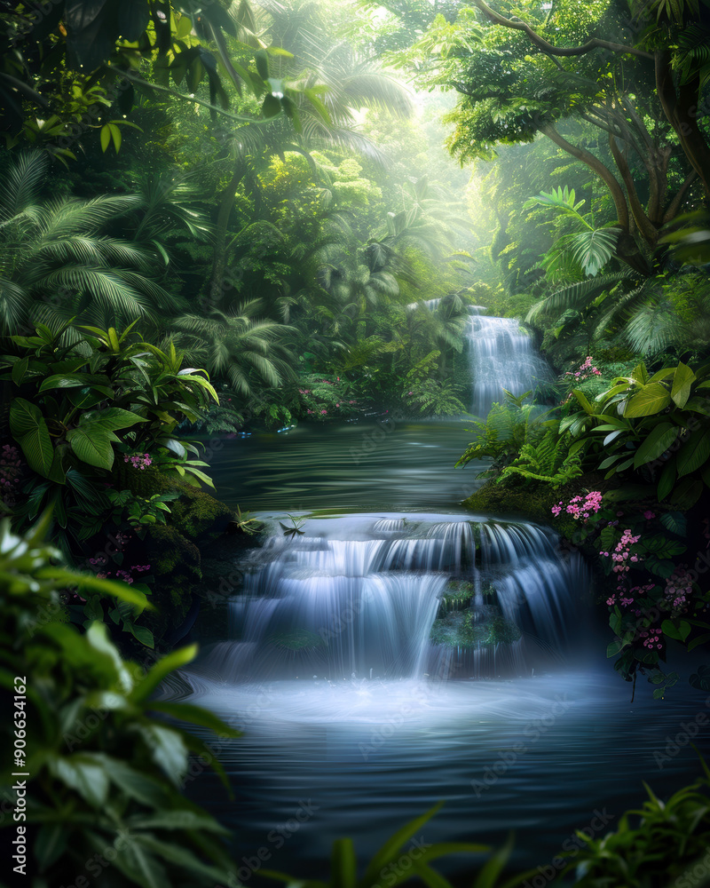 A lush green jungle with a waterfall in the foreground. The water is clear and calm, and the trees are tall and dense. The scene is peaceful and serene A lush green jungle with a waterfall in the foreground. The water is clear and calm, and the trees are tall and dense. The scene is peaceful and serene