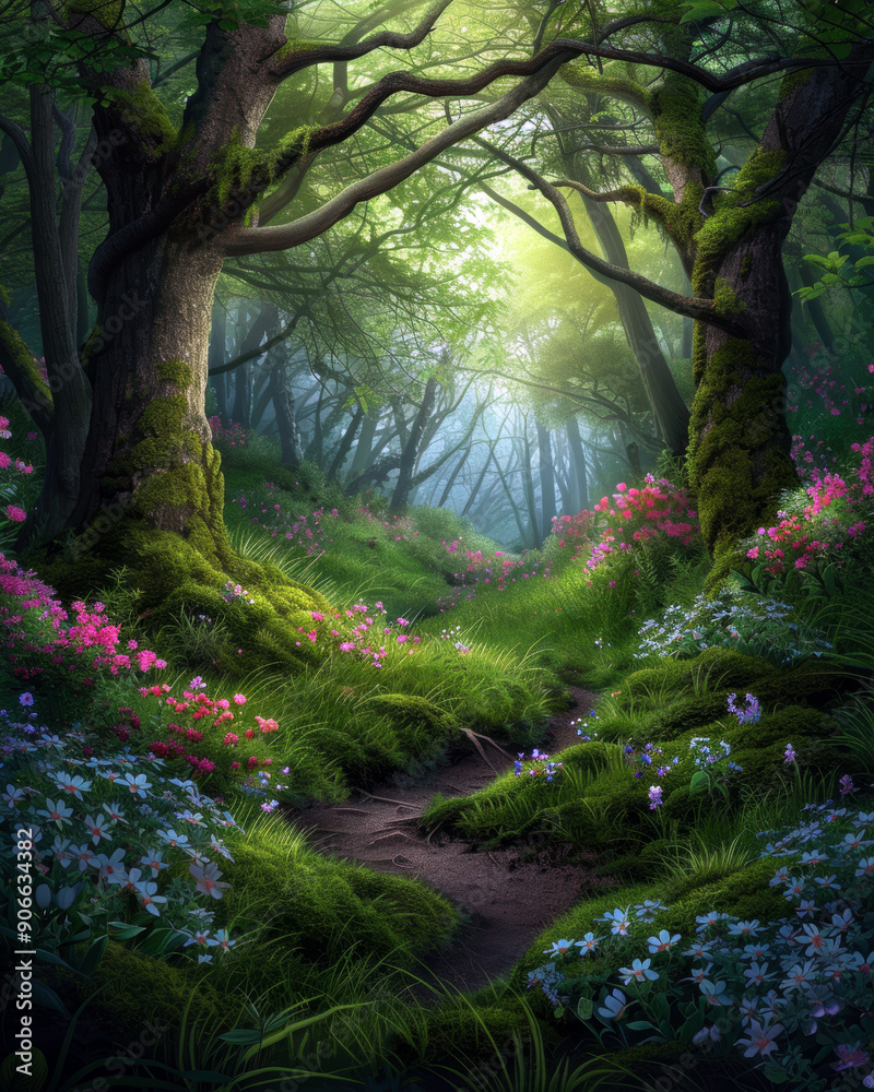 A forest with a path through it and flowers on the side A forest with a path through it and flowers on the side