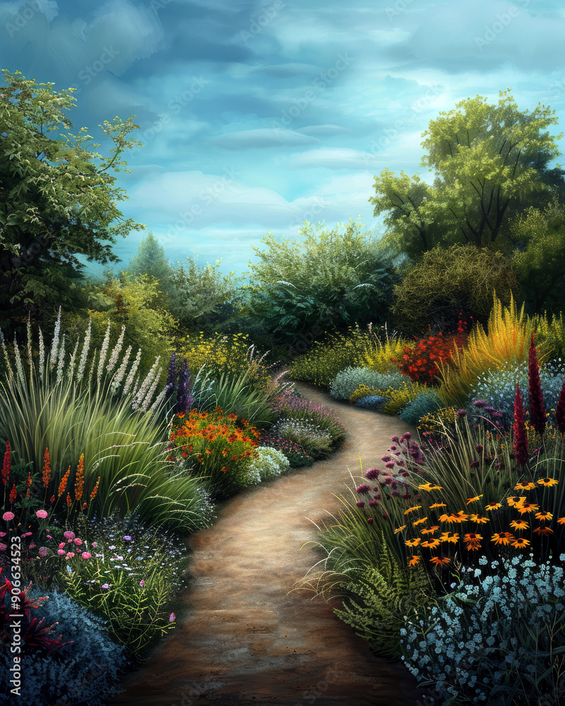 Obraz premium A path through a lush, colorful garden. The path is lined with a variety of flowers and plants, creating a serene and peaceful atmosphere. The sky above is cloudy, adding a sense of depth