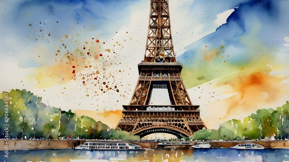 Create an inspiring AI-generated watercolor image of the Eiffel Tower