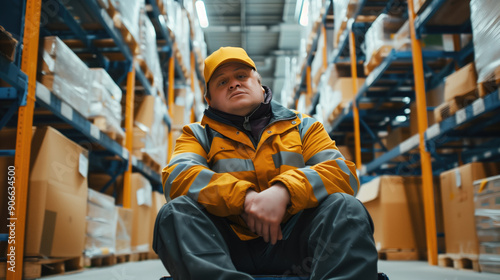 Worker with Down syndrome in reflective jacket and cap sitting on the floor of a warehouse aisle filled with shelves and boxes.