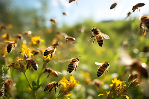 Effervescent Energy: Capturing the Industrious Journey of Bees in Nature photo