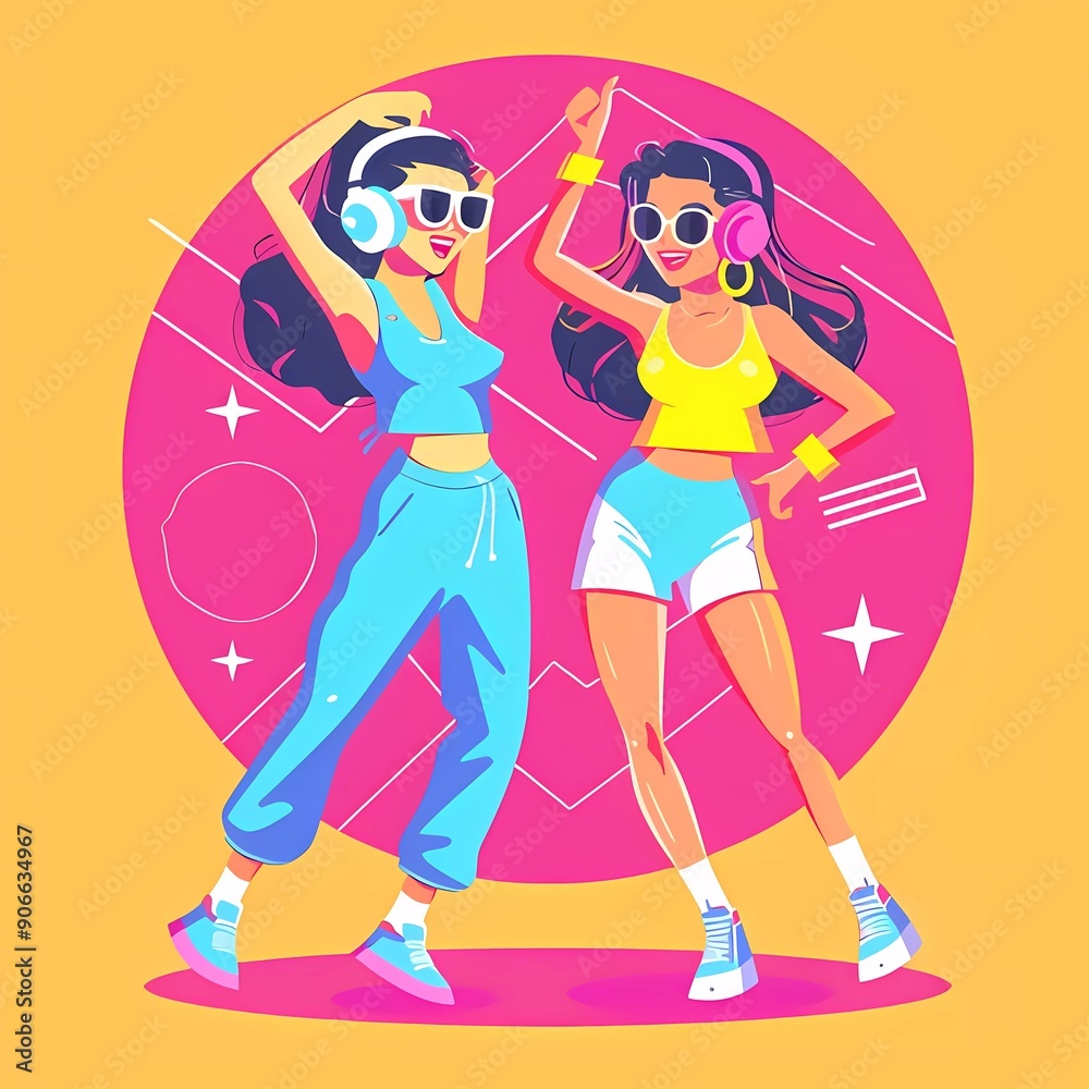 Stylish women in Y2K outfits dance to music at a disco. Retro style 80s, 90s. Cartoon bright full-length illustration