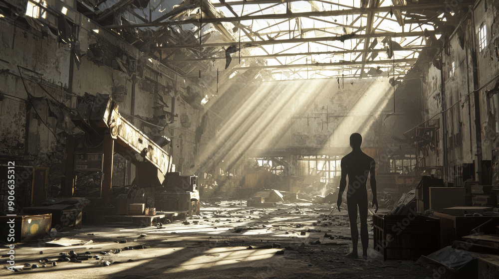 A post-apocalyptic warehouse with scattered machinery and sunlight beams. The remnants of past activity in an empty, derelict warehouse. A post-apocalyptic warehouse with scattered machinery and sunlight beams. The remnants of past activity in an empty, derelict warehouse.