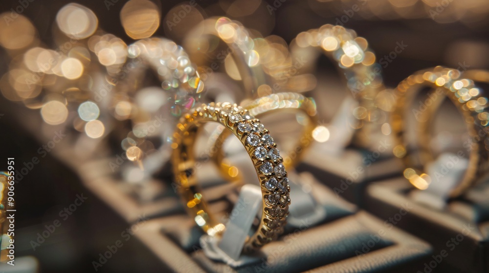 Luxurious display of gold diamond rings in a retail store with perfect lighting and a soft, bokeh background Luxurious display of gold diamond rings in a retail store with perfect lighting and a soft, bokeh background