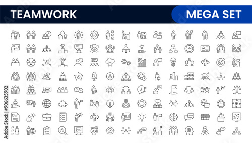 Teamwork linear icons collection. Set of coworking space icons. Business teamwork, team building, work group, and human resources minimal thin line web icon set.