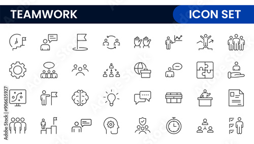 Teamwork linear icons collection. Set of coworking space icons. Business teamwork, team building, work group, and human resources minimal thin line web icon set.